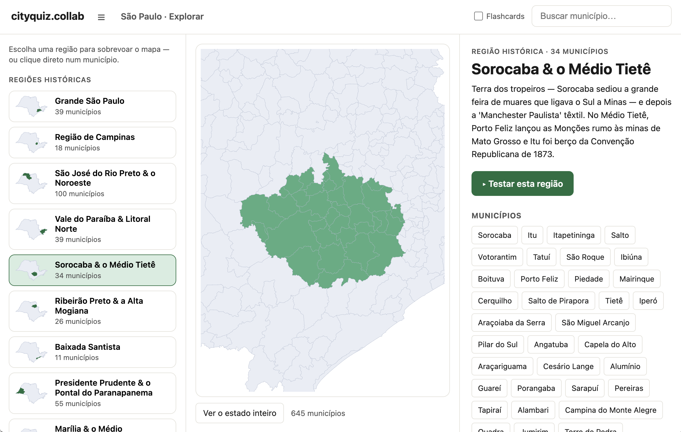 Explore mode showing São Paulo's historical regions