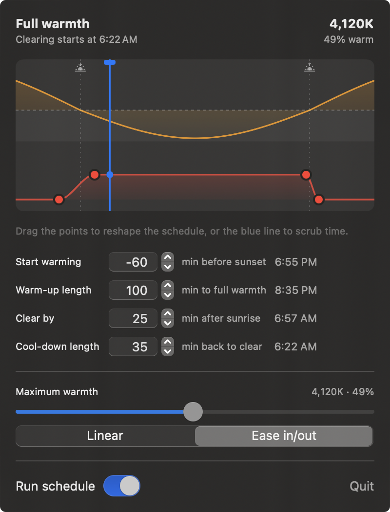 NightShifter's panel in dark mode, showing Full warmth at 4,120K partway through the night