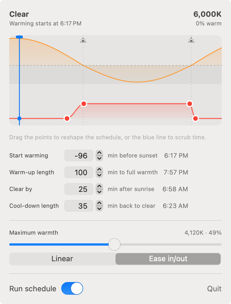 NightShifter's panel in light mode, showing the daytime Clear state at 6,000K